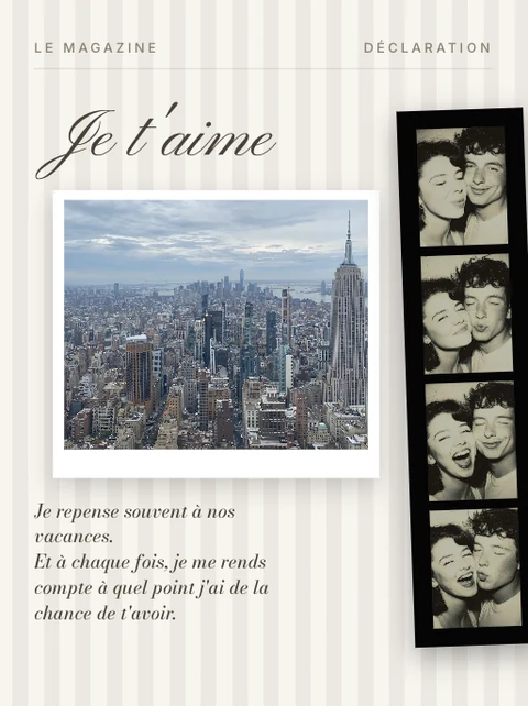 Page déclaration d'un magazine Lovent, photo de voyage et bande photomaton accompagnées d'un texte.