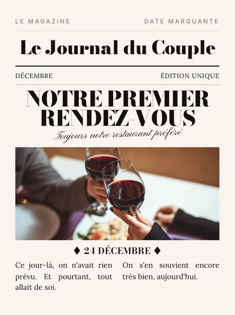 Page date marquante d'un magazine Lovent, mise en page façon journal avec un titre en une et une photo de dîner.