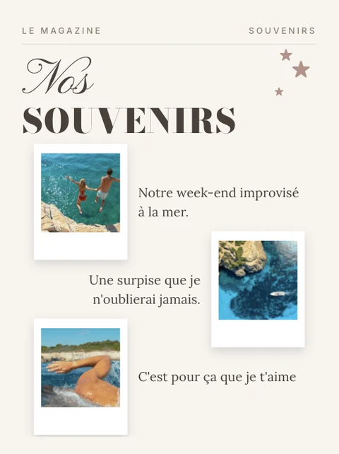 Page souvenirs d'un magazine Lovent, trois photos polaroid accompagnées de légendes.